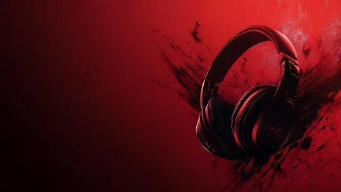 Red gaming headphones on abstract black paint background.