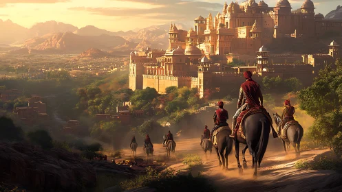 Golden riders approaching a sunlit desert palace city.