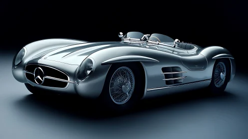 Photorealistic silver roadster in studio-grade side perspective.