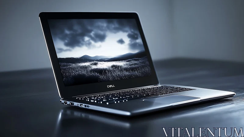 Sleek Dell ultrabook on reflective desk with monochrome display