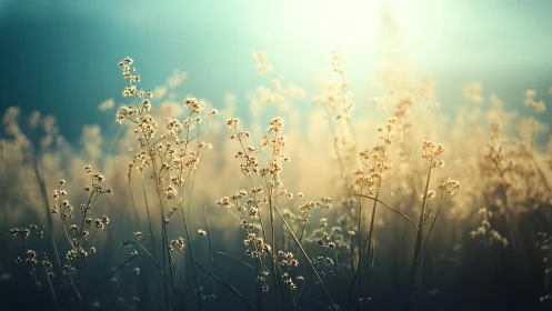 Backlit meadow grasses in shallow focus at sunrise or sunset.