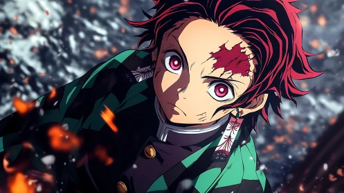 Animated swordsman portrait centers red-haired character