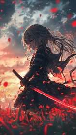 Stormlit swordswoman in a field of drifting red petals.