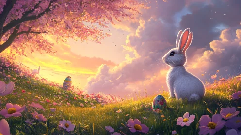 Sunset bunny listens to spring secrets among painted eggs