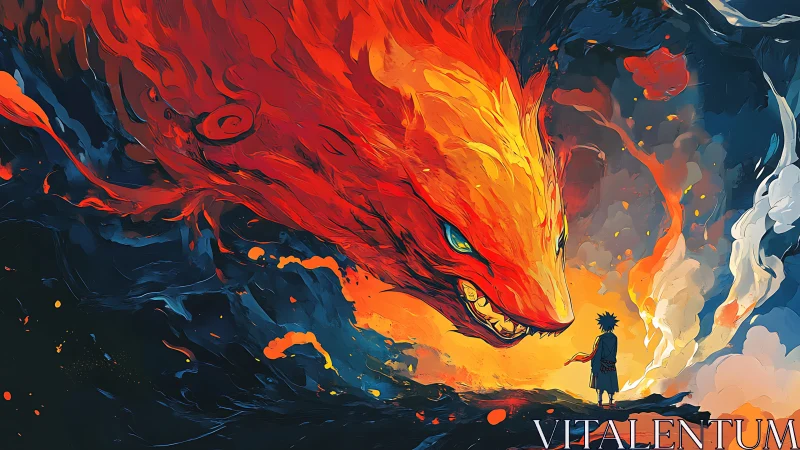 Fiery spirit fox confronts lone hero amid swirling inferno