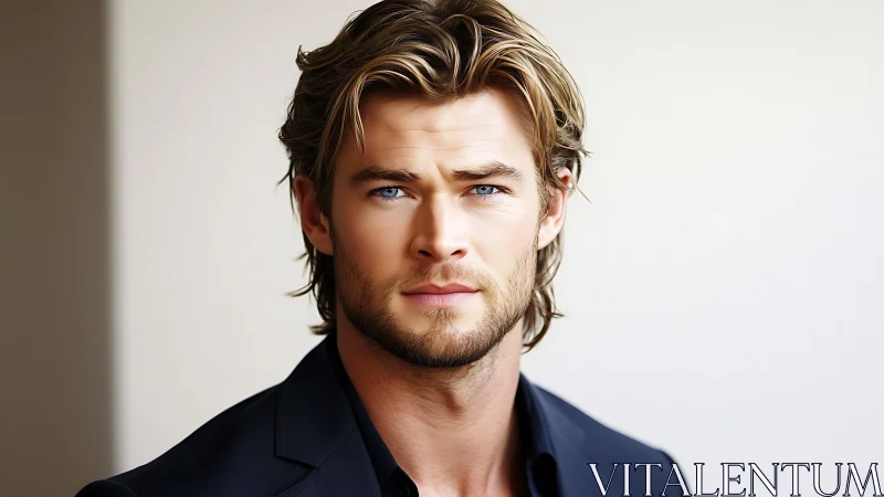 Confident blue-eyed man gazes forward in soft studio light