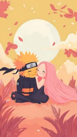Moonlit anime couple cuddling in soft autumn fantasy field.