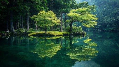Small forest island reflected in clear green lake.
