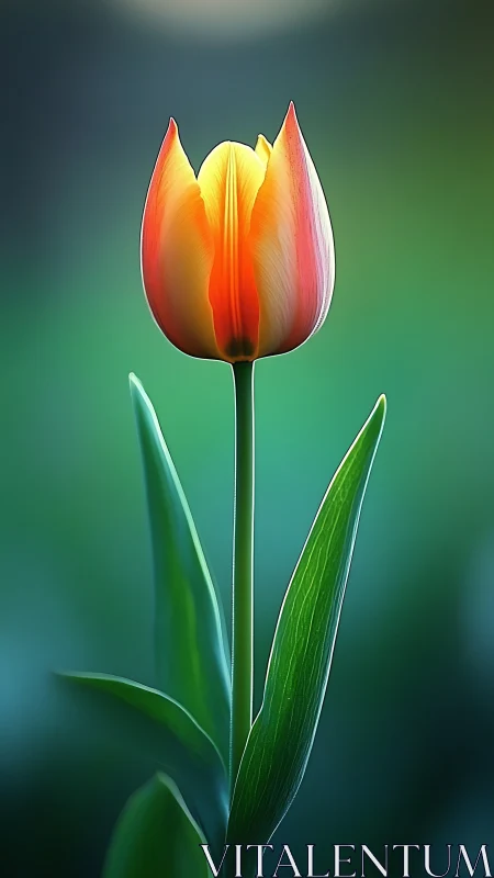 Single orange tulip stem with leaves against blurred green field.