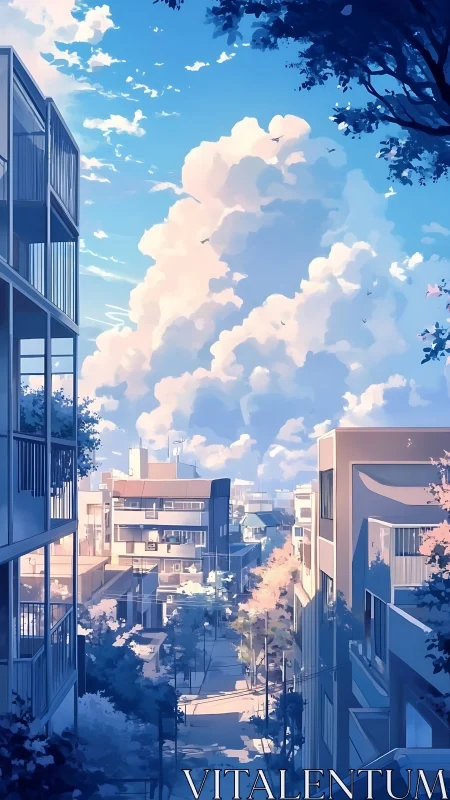 Sunlit suburban street opens beneath towering summer clouds