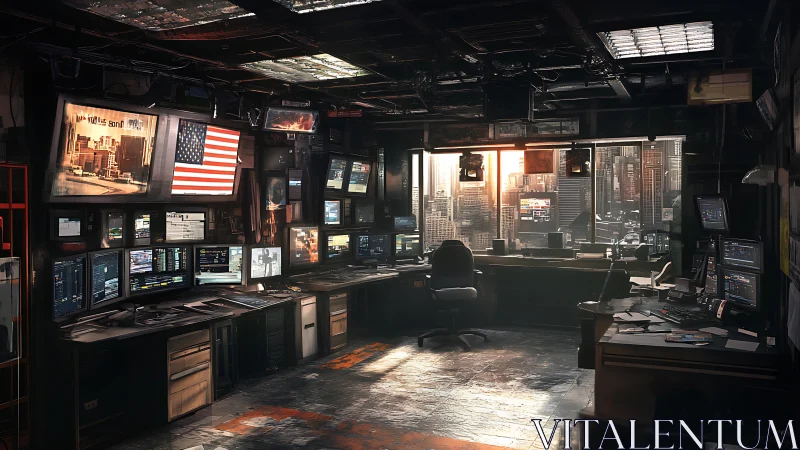 Cozy high tech control room glowing with city sunset views.