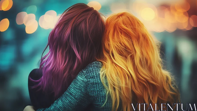 Two friends with vibrant hair under city lights, dreamy bokeh style.