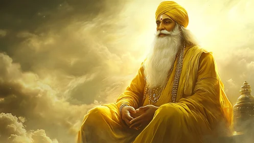 Serene sage in golden robes meditates amid radiant clouds