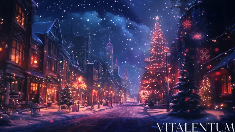 Snow-covered city street with illuminated Christmas trees at night.