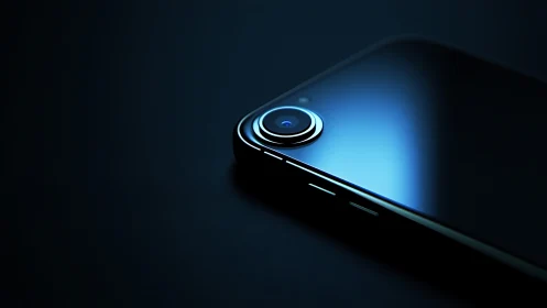 Smartphone camera close-up under low blue lighting.