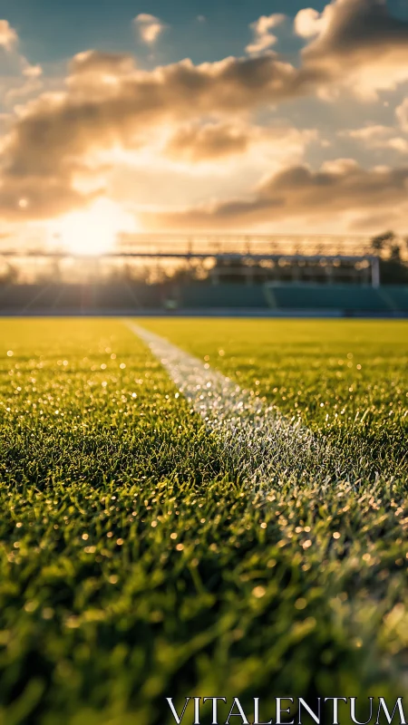 Low-angle view of sports field sideline at sunset.