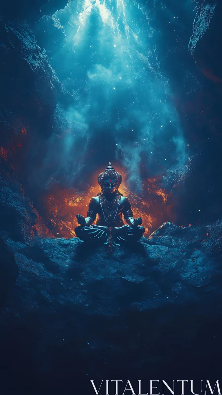 Mystic deity meditating in cavern with cyan flame aura.