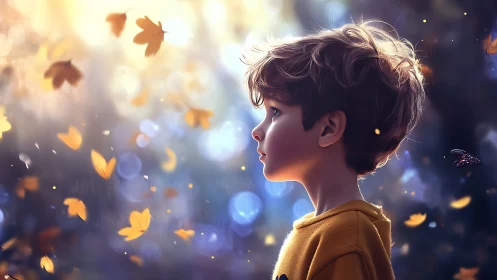 Young Boy Gazing Through Autumn Leaves and Golden Light.