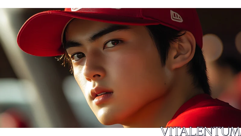 Sunlit pause on the sidelines in a bright red cap.