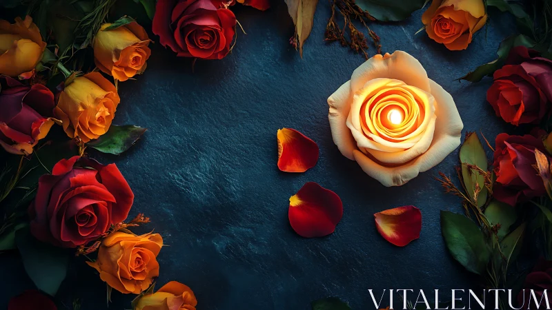 Illuminated White Rose Among Colorful Blooms on Blue Surface