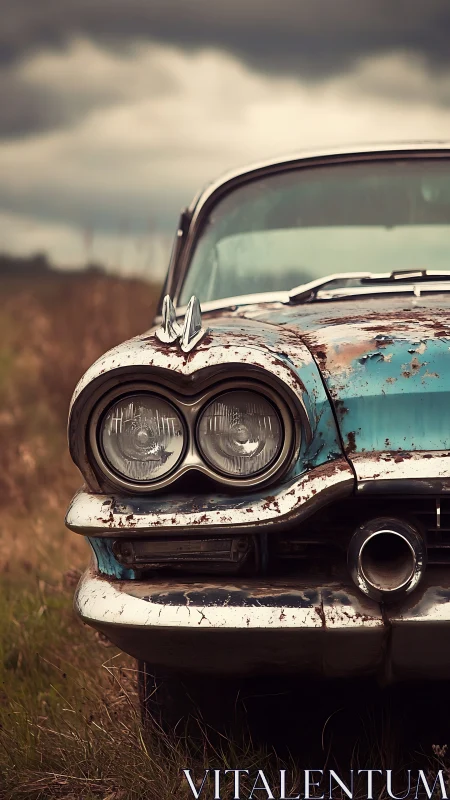 Weathered vintage car front in overcast rural field.