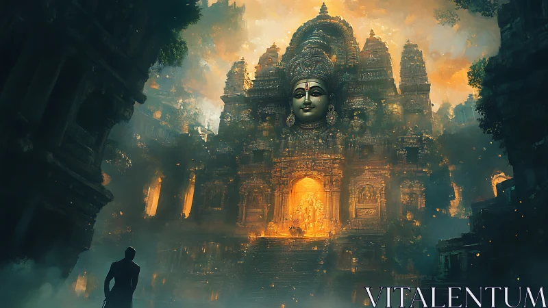 Mystic temple façade beneath colossal serene goddess visage.