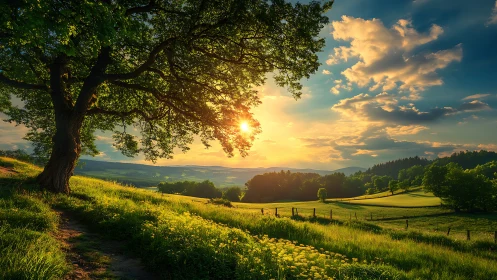 Golden hour radiometry across pastoral valley topography.