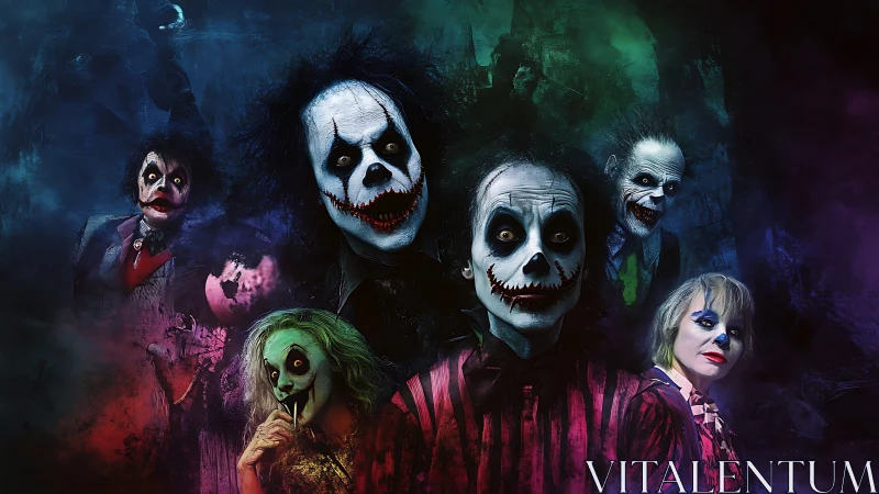 Group of sinister clowns in smoky, colorful darkness.