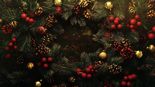 Christmas wreath glows with golden pinecones and berries.
