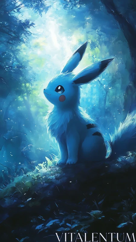 Gentle blue creature sits peacefully in a glowing forest