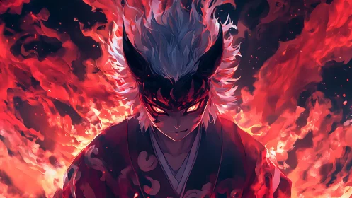 Masked figure with white hair surrounded by red flames.