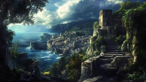 Fantasy coastal cliff city under stormy dramatic sky.