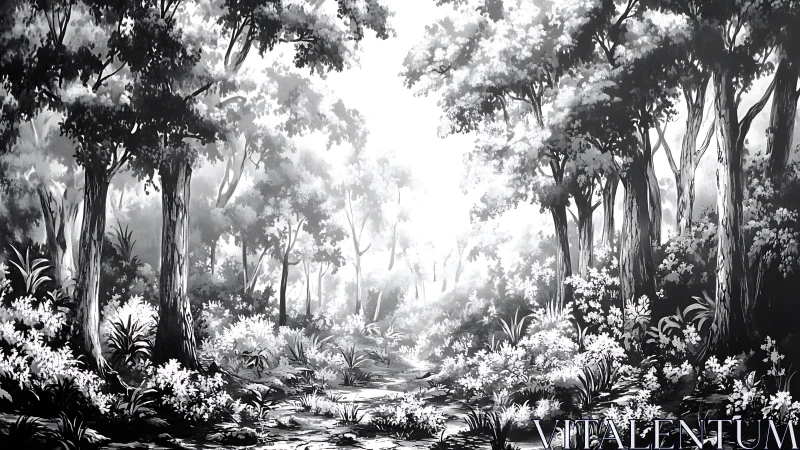 Enchanted Forest Path Bathed in Misty Light.