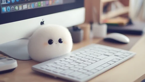 Digital workstation with white plush toy near keyboard.