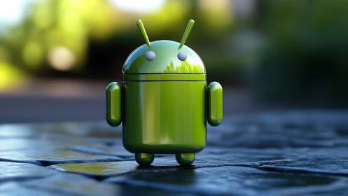 Shiny green robot mascot wandering a quiet stone path.