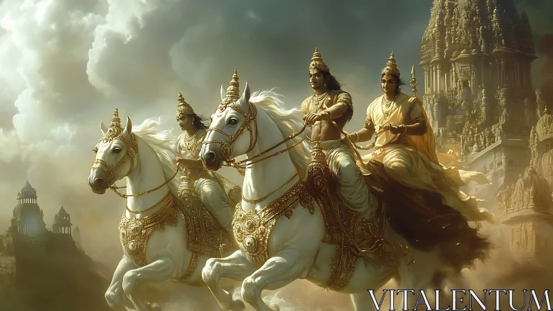 Mythic chariot warriors drive ornate white horses through clouds