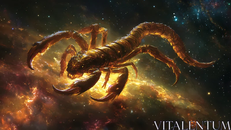 Celestial scorpion drifting through glowing star clouds.