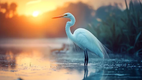 Graceful white egret pauses in glowing marshland sunrise