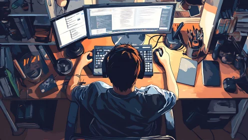 Late-night coder surrounded by glowing screens and quiet focus.