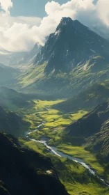 Sunlit alpine valley with towering peak and winding river.