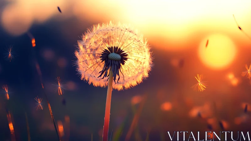 Dandelion wishes drift through molten sunset light. Period.