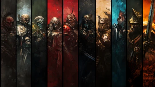 Legendary armored warriors standing in moody colored light.