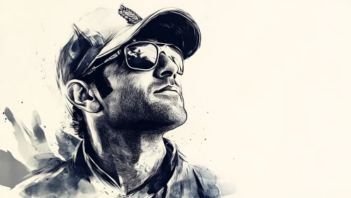 Monochrome vector portrait of sunglasses man in side profile.