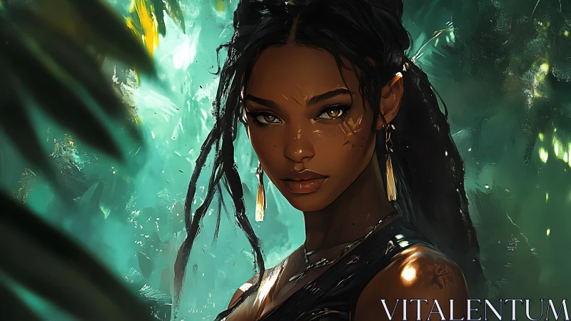 Jungle portrait shows rim-lit woman with wet skin specular highlights