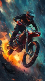 Infernal enduro rider traversing pyroclastic terrain dynamics.