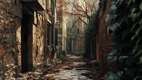 Quiet autumn alleyway wrapped in warm golden afternoon light.