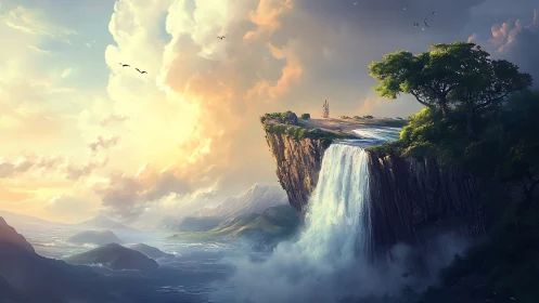 Majestic Cliff Waterfall with Mountain Valley.