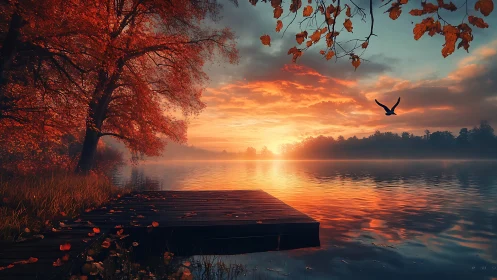 Autumn lakeside pier under vivid orange sunset sky.