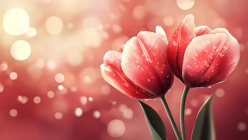 Red Tulips with Water Droplets on Gradient Bokeh Background. Macro Photography.