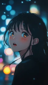 Anime portrait captures neon-lit girl with reflective bokeh gaze
